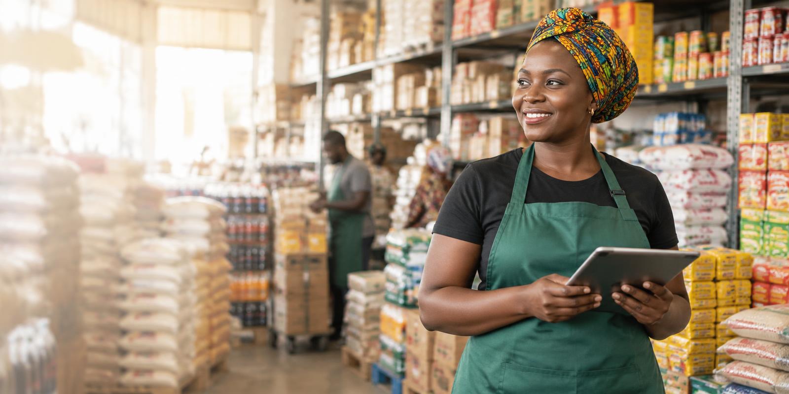 West African wholesale merchant checking stock on a tablet in a provisions store